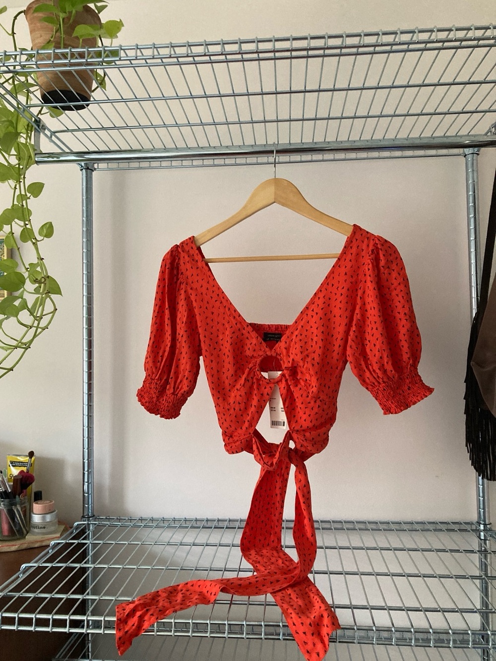 Red Tie-Front Puff Sleeve Crop Top